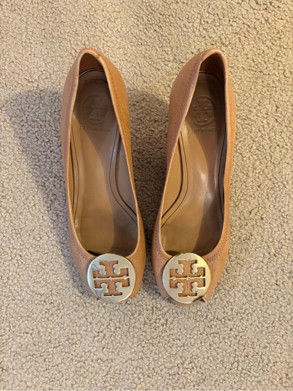 Tory Burch Camel Leather Logo Cap-Toe Wedges